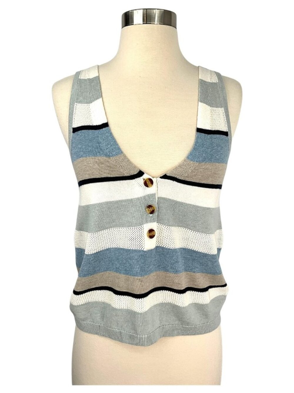 One Grey Day Sweater Vest Womens XS Multicolor Striped V Neck Button Front